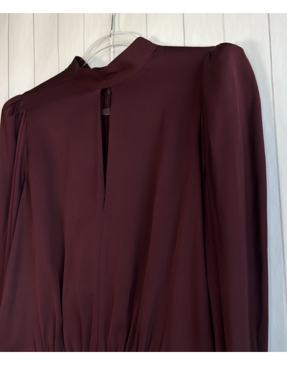Frame size L long sleeve keyhole blouse 100% silk burgundy smocked high neck - Picture 5 of 12